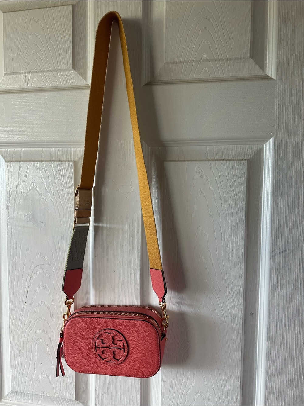Tory Burch Coral Pebbled Leather Camera Bag with Yellow Strap